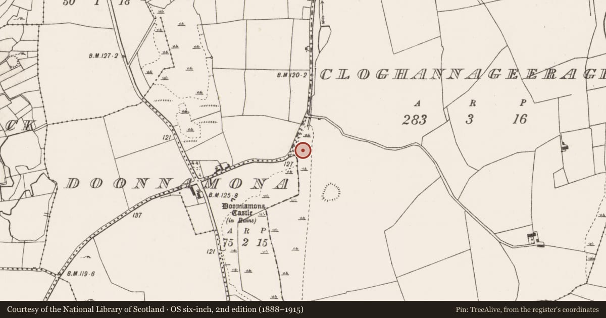 Ordnance Survey six-inch map, 2nd edition (1888–1915) covering the location of Crannog, Cloghannageeragh, County Mayo, with a pin at the register's coordinates