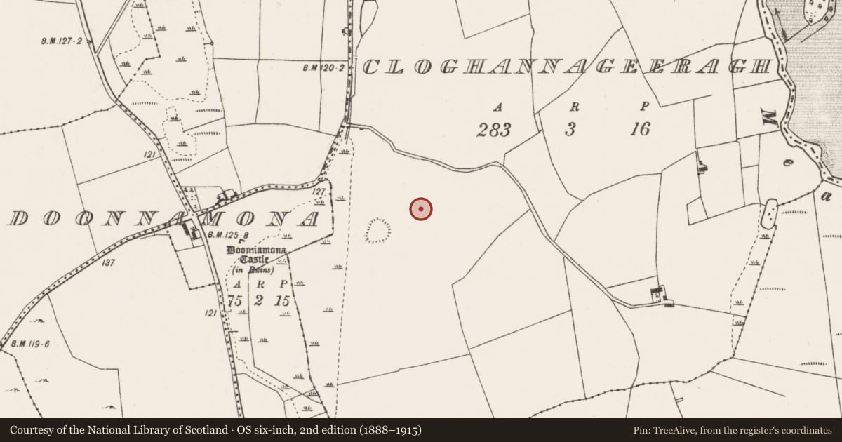 Ordnance Survey six-inch map, 2nd edition (1888–1915) covering the location of Earthwork, Cloghannageeragh, County Mayo, with a pin at the register's coordinates