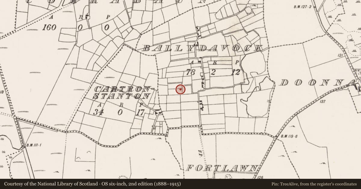 Ordnance Survey six-inch map, 2nd edition (1888–1915) covering the location of Ringfort - unclassified, Ballydavock, County Mayo, with a pin at the register's coordinates