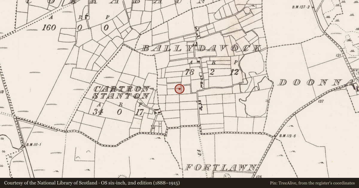Ordnance Survey six-inch map, 2nd edition (1888–1915) covering the location of Souterrain, Ballydavock, County Mayo, with a pin at the register's coordinates