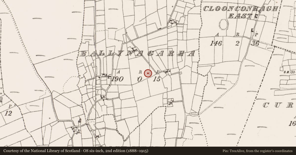 Ordnance Survey six-inch map, 2nd edition (1888–1915) covering the location of Ringfort - unclassified, Ballynagarha, County Mayo, with a pin at the register's coordinates