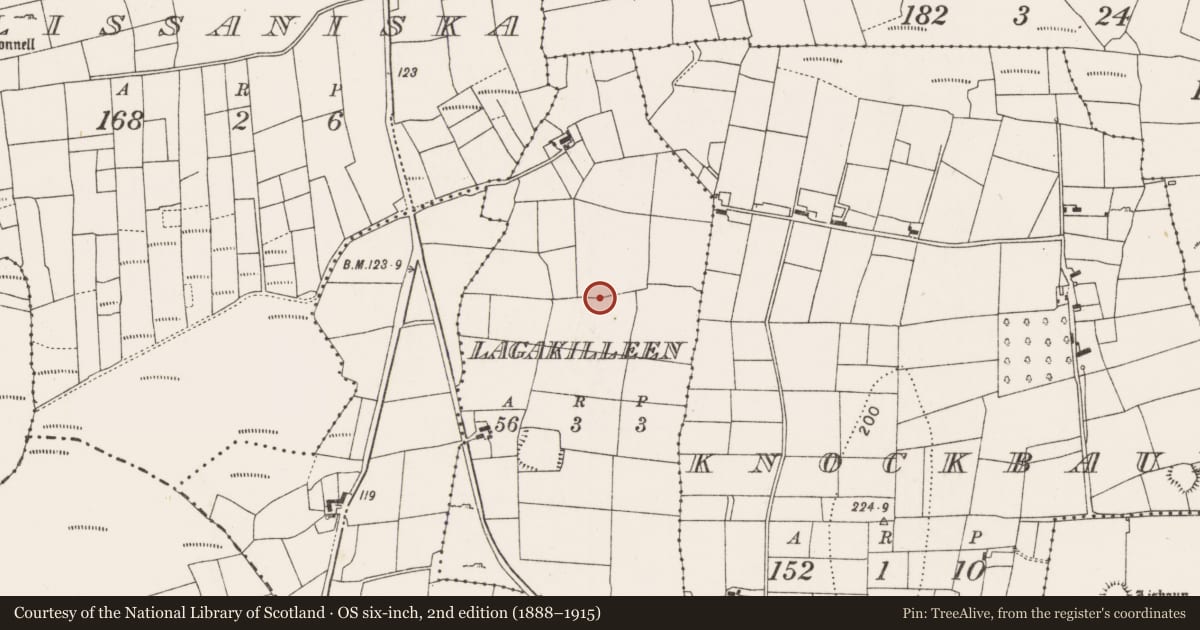 Ordnance Survey six-inch map, 2nd edition (1888–1915) covering the location of Church, Lagakilleen, County Mayo, with a pin at the register's coordinates