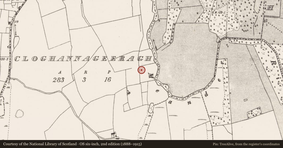Ordnance Survey six-inch map, 2nd edition (1888–1915) covering the location of Earthwork, Cloghannageeragh, County Mayo, with a pin at the register's coordinates