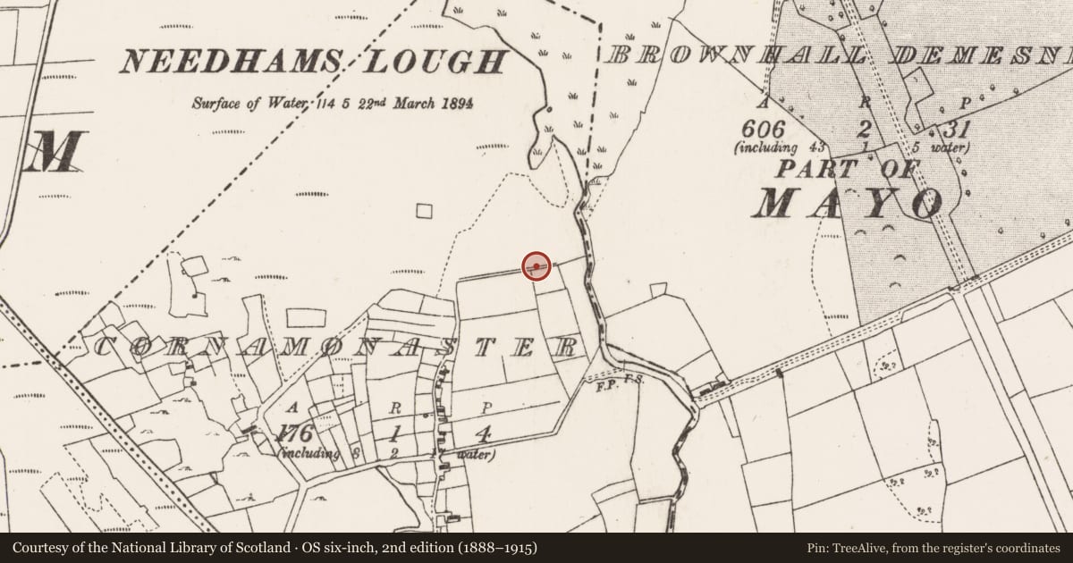 Ordnance Survey six-inch map, 2nd edition (1888–1915) covering the location of Children's burial ground, Cornamonaster, County Mayo, with a pin at the register's coordinates