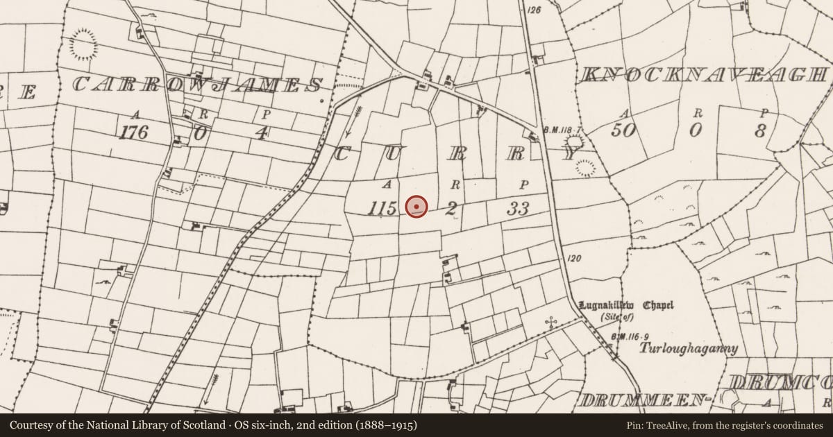 Ordnance Survey six-inch map, 2nd edition (1888–1915) covering the location of Souterrain, Curry (Carra By., Drum Par.), County Mayo, with a pin at the register's coordinates