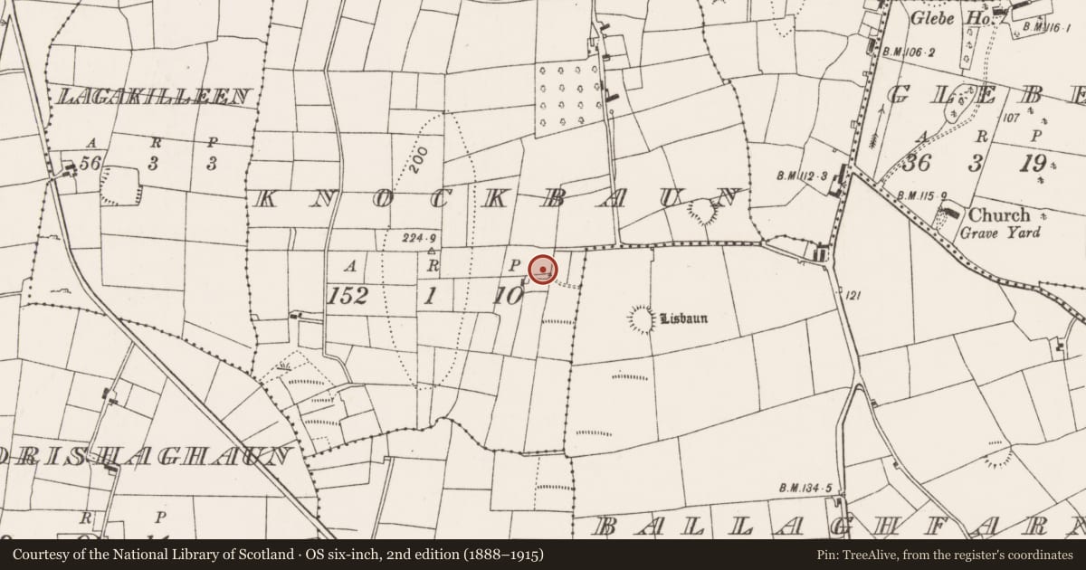 Ordnance Survey six-inch map, 2nd edition (1888–1915) covering the location of Fulacht fia, Knockbaun (Carra By., Drum Par.), County Mayo, with a pin at the register's coordinates