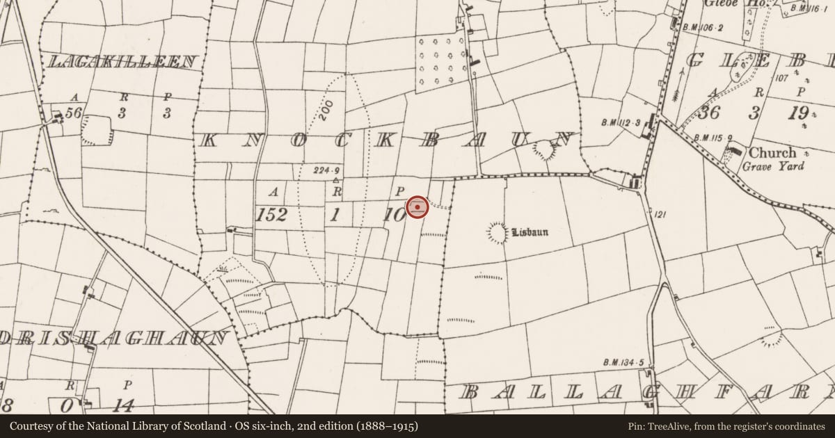 Ordnance Survey six-inch map, 2nd edition (1888–1915) covering the location of Fulacht fia, Knockbaun (Carra By., Drum Par.), County Mayo, with a pin at the register's coordinates