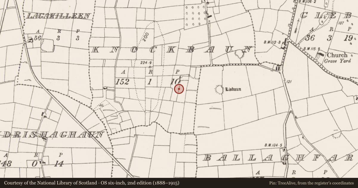 Ordnance Survey six-inch map, 2nd edition (1888–1915) covering the location of Fulacht fia, Knockbaun (Carra By., Drum Par.), County Mayo, with a pin at the register's coordinates