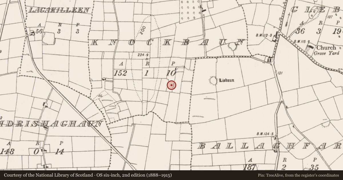 Ordnance Survey six-inch map, 2nd edition (1888–1915) covering the location of Fulacht fia, Knockbaun (Carra By., Drum Par.), County Mayo, with a pin at the register's coordinates