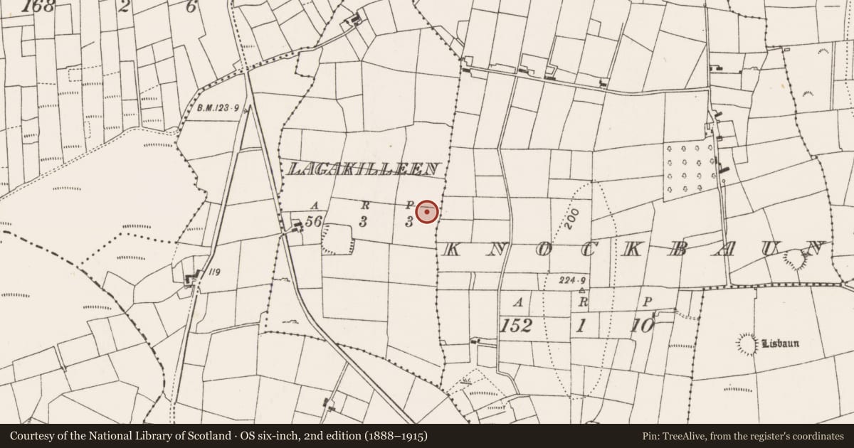 Ordnance Survey six-inch map, 2nd edition (1888–1915) covering the location of Standing stone, Lagakilleen, County Mayo, with a pin at the register's coordinates