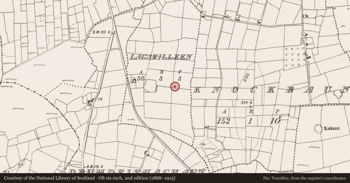 Ordnance Survey six-inch map, 2nd edition (1888–1915) covering the location of Standing stone, Lagakilleen, County Mayo, with a pin at the register's coordinates