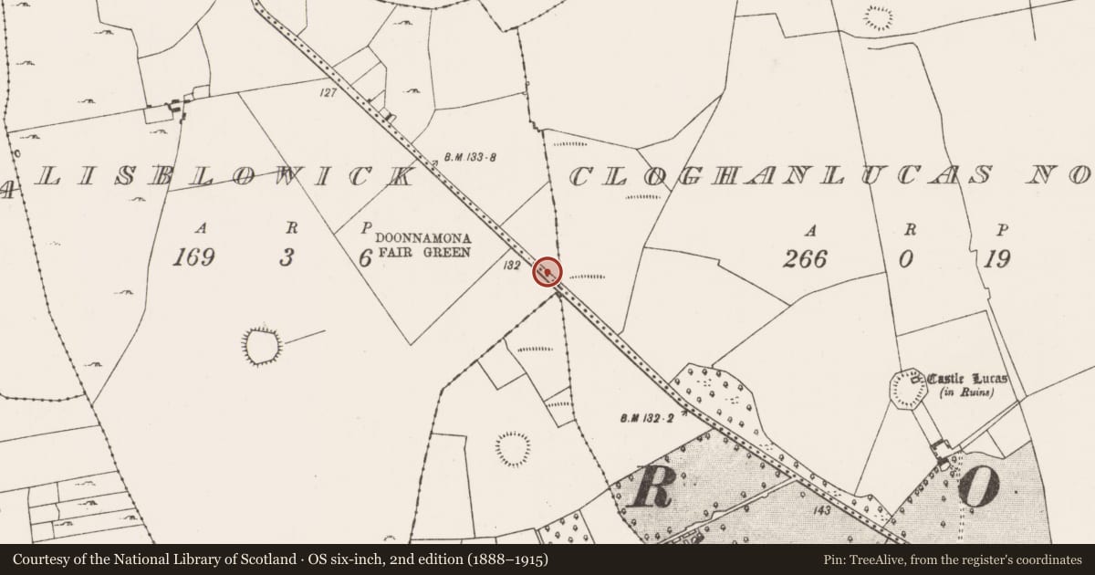 Ordnance Survey six-inch map, 2nd edition (1888–1915) covering the location of Fulacht fia, Doonnamona, County Mayo, with a pin at the register's coordinates
