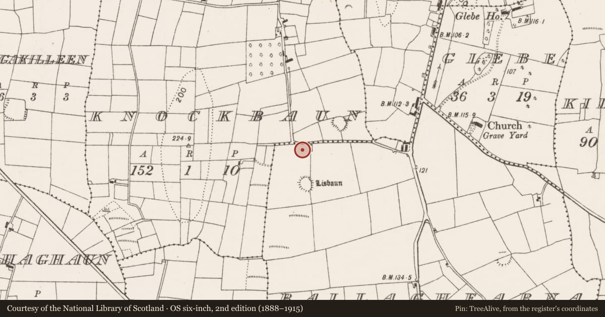 Ordnance Survey six-inch map, 2nd edition (1888–1915) covering the location of Burnt mound, Ballaghfarna, County Mayo, with a pin at the register's coordinates
