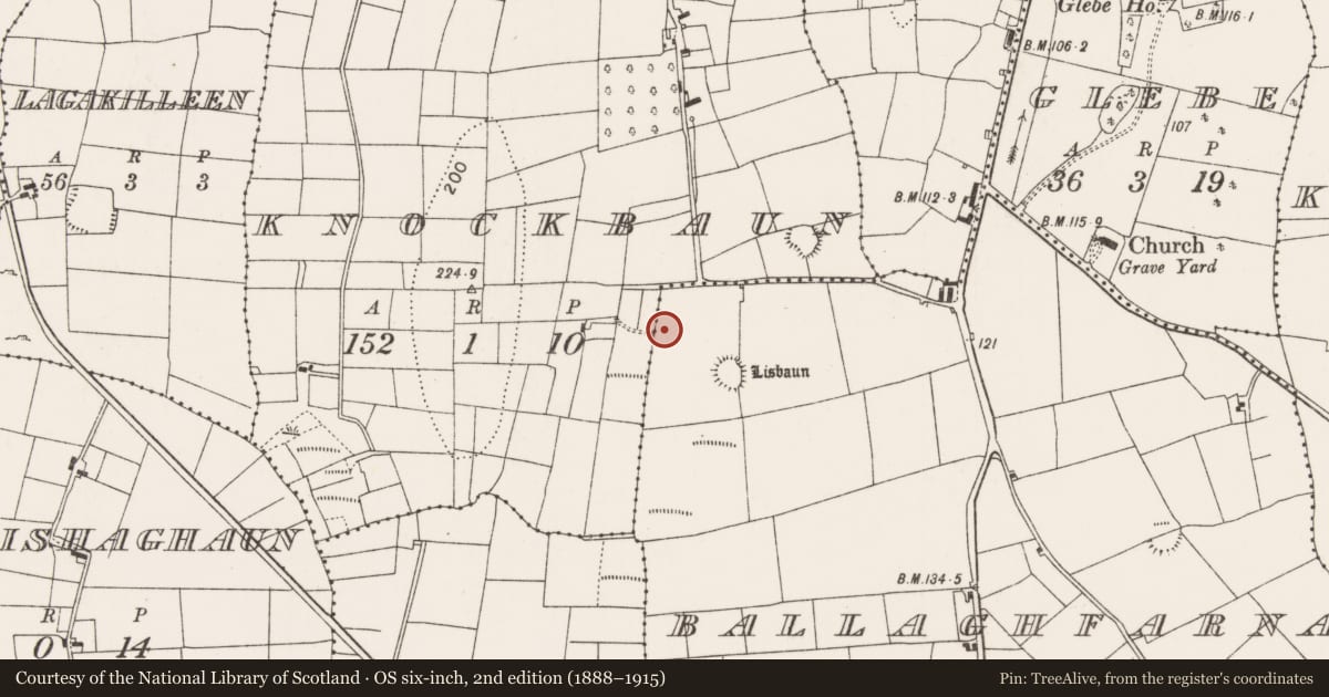 Ordnance Survey six-inch map, 2nd edition (1888–1915) covering the location of Burnt mound, Ballaghfarna, County Mayo, with a pin at the register's coordinates