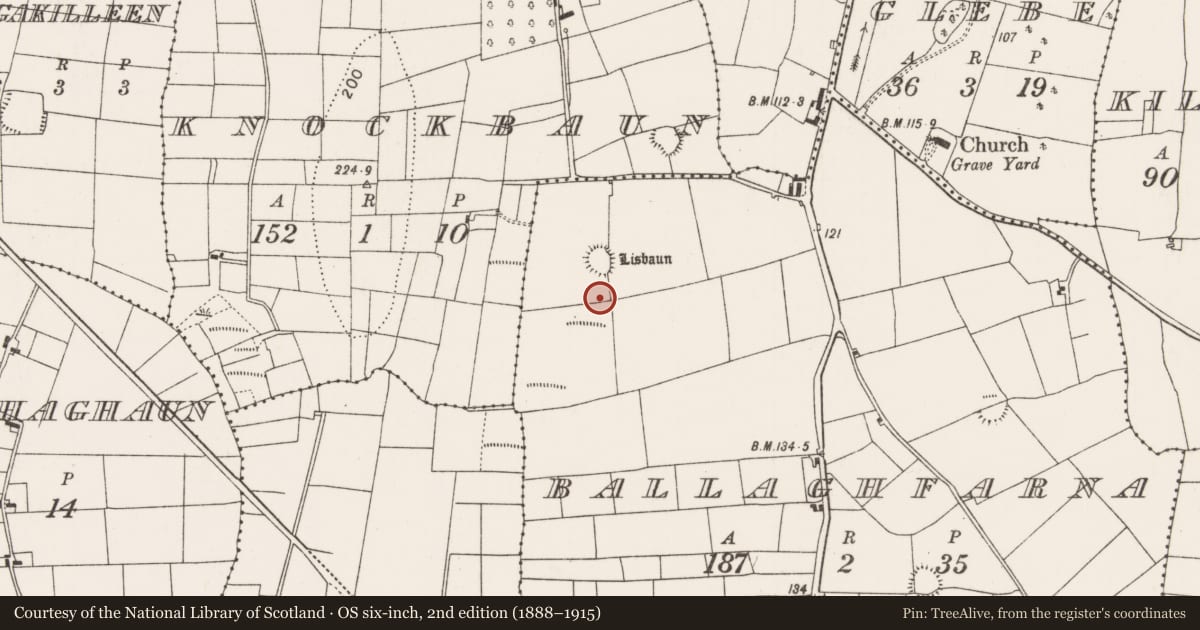 Ordnance Survey six-inch map, 2nd edition (1888–1915) covering the location of Burnt mound, Ballaghfarna, County Mayo, with a pin at the register's coordinates