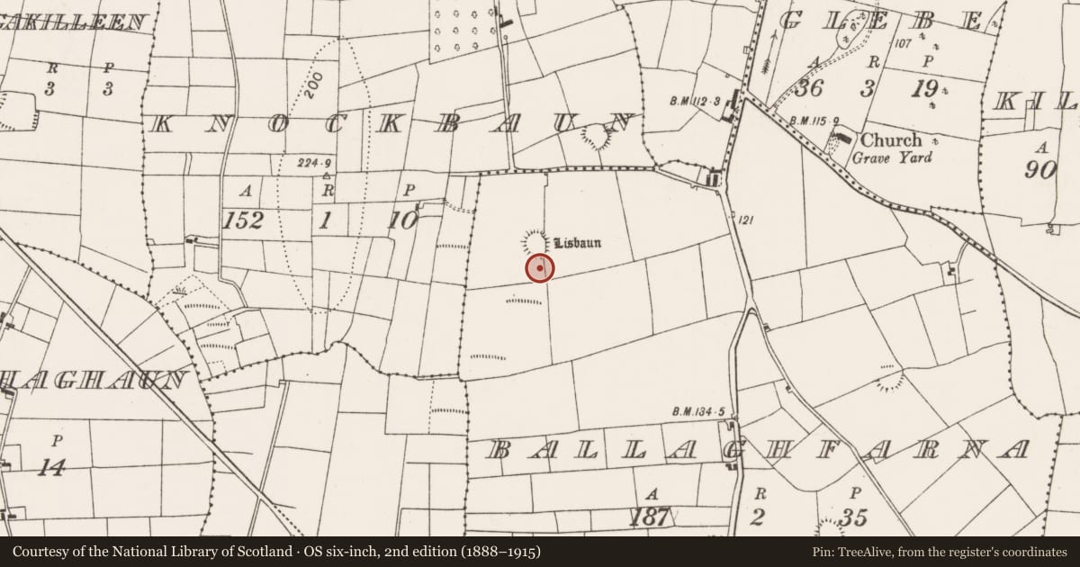 Ordnance Survey six-inch map, 2nd edition (1888–1915) covering the location of Burnt spread, Ballaghfarna, County Mayo, with a pin at the register's coordinates