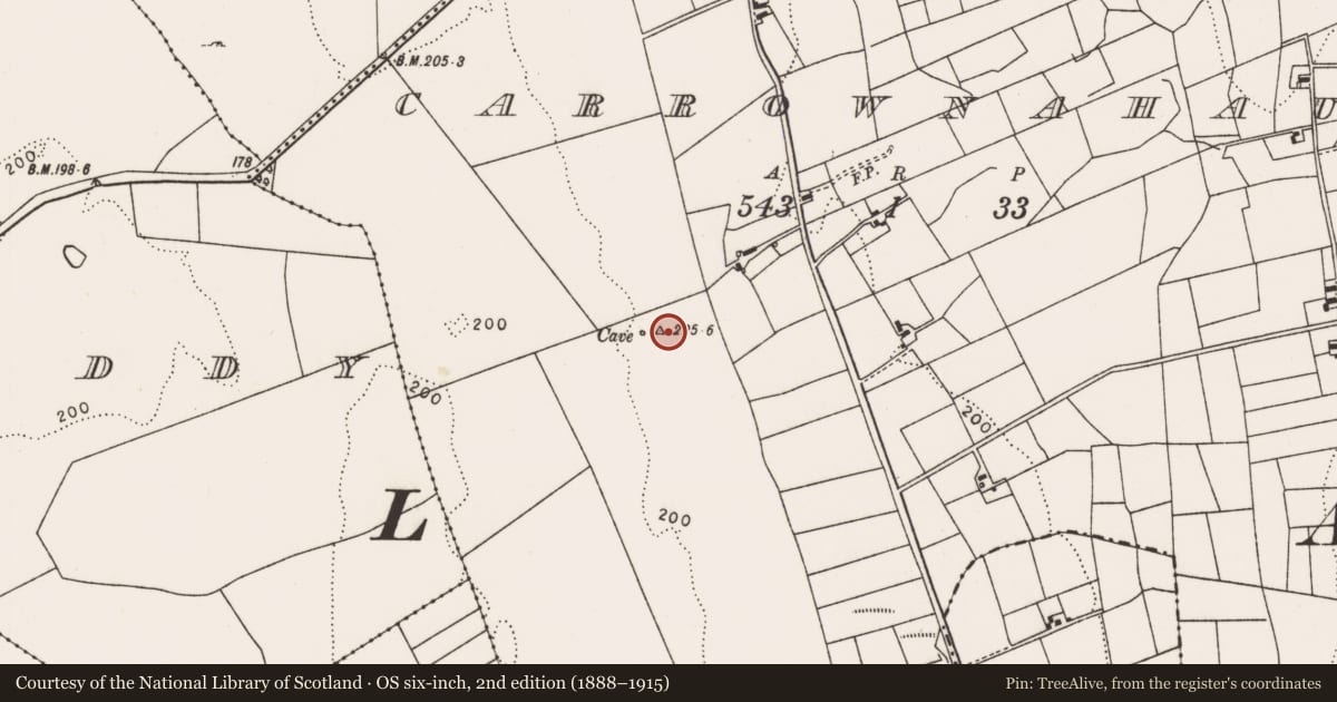 Ordnance Survey six-inch map, 2nd edition (1888–1915) covering the location of Earthwork, Carrownahaun, County Mayo, with a pin at the register's coordinates