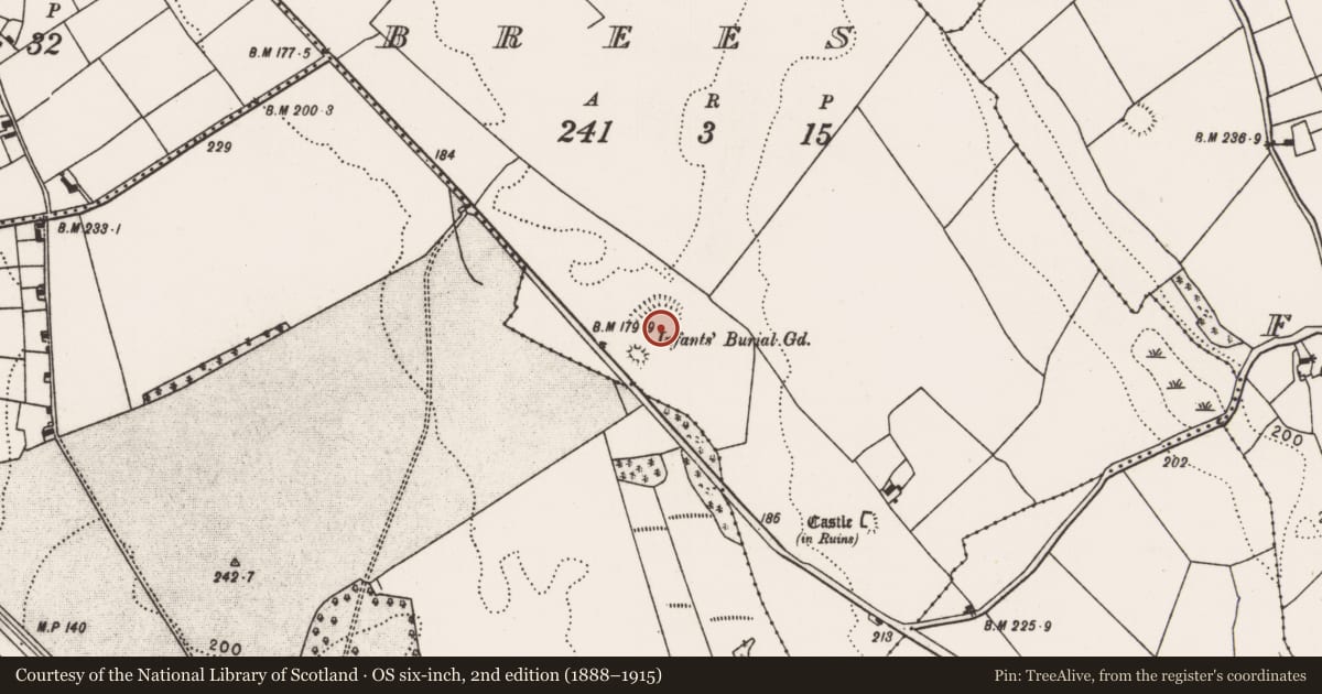 Ordnance Survey six-inch map, 2nd edition (1888–1915) covering the location of Castle - ringwork, Brees, County Mayo, with a pin at the register's coordinates