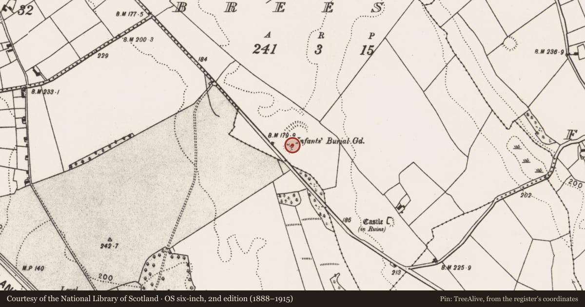 Ordnance Survey six-inch map, 2nd edition (1888–1915) covering the location of Children's burial ground, Brees, County Mayo, with a pin at the register's coordinates