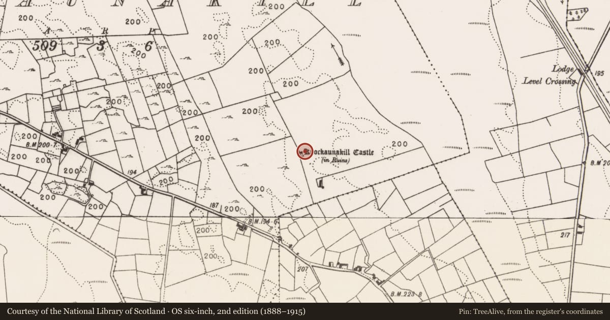 Ordnance Survey six-inch map, 2nd edition (1888–1915) covering the location of Castle - tower house, Knockaunakill, County Mayo, with a pin at the register's coordinates