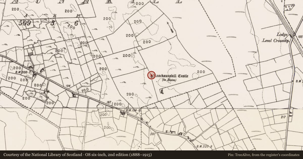 Ordnance Survey six-inch map, 2nd edition (1888–1915) covering the location of Bawn, Knockaunakill, County Mayo, with a pin at the register's coordinates