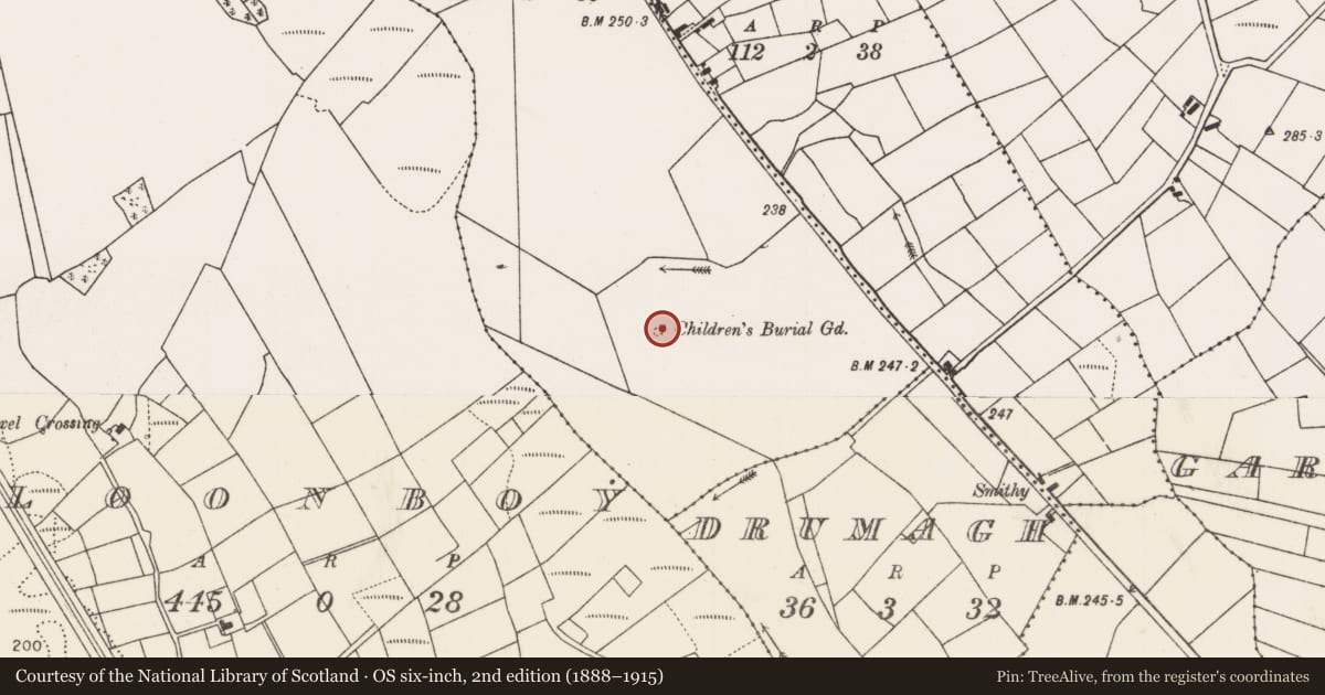 Ordnance Survey six-inch map, 2nd edition (1888–1915) covering the location of Children's burial ground, Ballynastangford Lower, County Mayo, with a pin at the register's coordinates