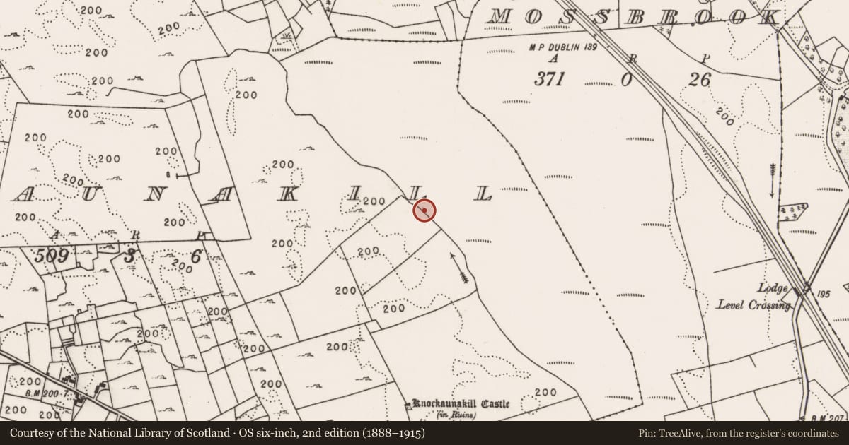 Ordnance Survey six-inch map, 2nd edition (1888–1915) covering the location of Fulacht fia, Knockaunakill, County Mayo, with a pin at the register's coordinates