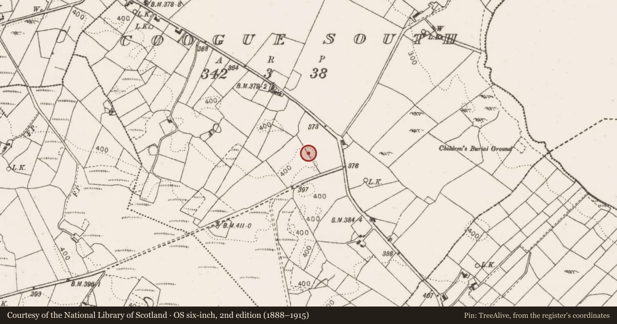 Ordnance Survey six-inch map, 2nd edition (1888–1915) covering the location of Enclosure, Coogue South, County Mayo, with a pin at the register's coordinates