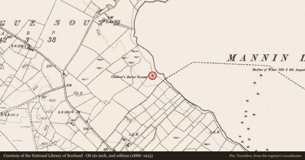 Ordnance Survey six-inch map, 2nd edition (1888–1915) covering the location of Children's burial ground, Coogue South, County Mayo, with a pin at the register's coordinates