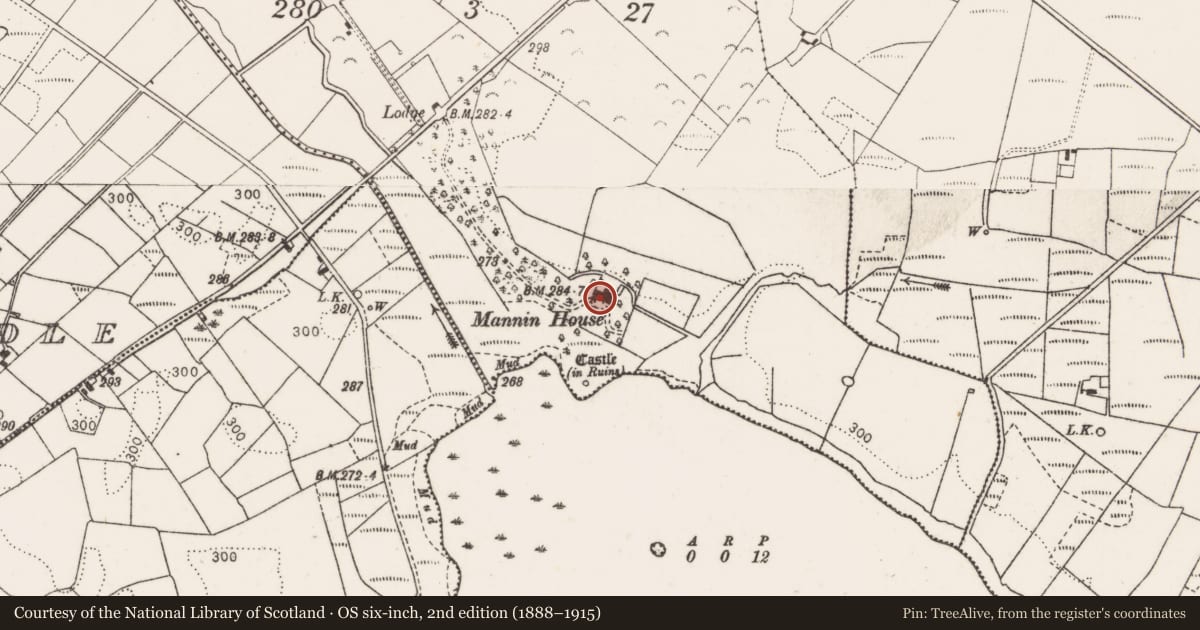 Ordnance Survey six-inch map, 2nd edition (1888–1915) covering the location of Armorial plaque (present location), Mannin, County Mayo, with a pin at the register's coordinates