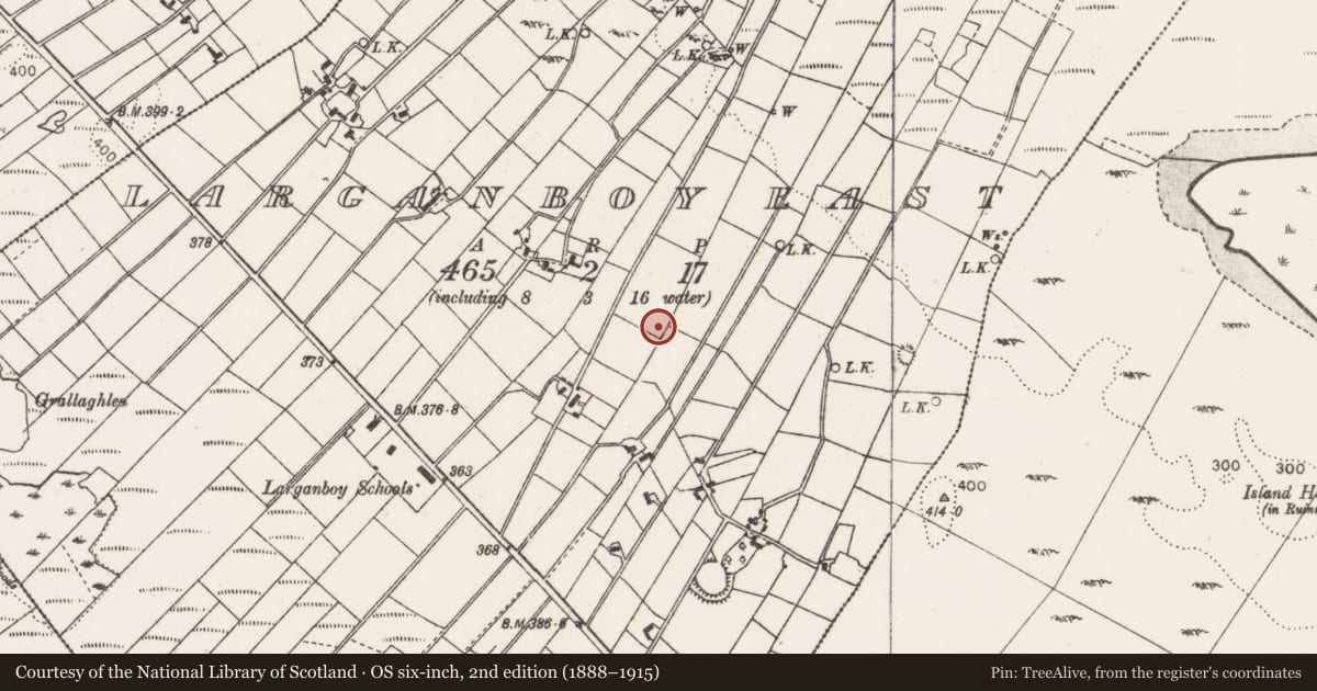 Ordnance Survey six-inch map, 2nd edition (1888–1915) covering the location of Enclosure, Larganboy East, County Mayo, with a pin at the register's coordinates