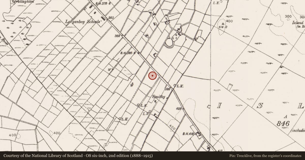 Ordnance Survey six-inch map, 2nd edition (1888–1915) covering the location of Enclosure, Larganboy East, County Mayo, with a pin at the register's coordinates
