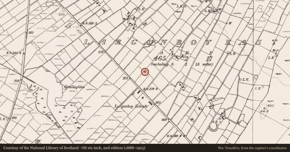 Ordnance Survey six-inch map, 2nd edition (1888–1915) covering the location of Megalithic tomb - wedge tomb, Larganboy East, County Mayo, with a pin at the register's coordinates