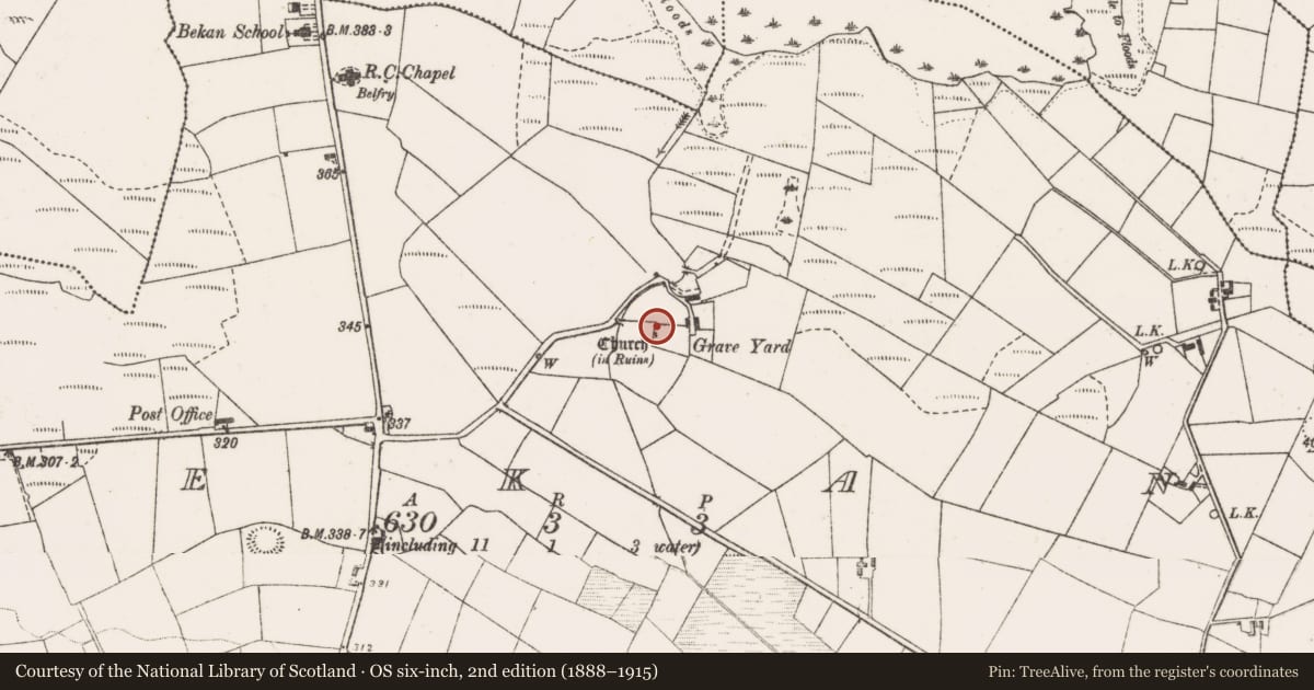 Ordnance Survey six-inch map, 2nd edition (1888–1915) covering the location of Church, Bekan, County Mayo, with a pin at the register's coordinates