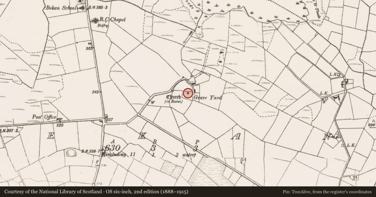 Ordnance Survey six-inch map, 2nd edition (1888–1915) covering the location of Graveyard, Bekan, County Mayo, with a pin at the register's coordinates