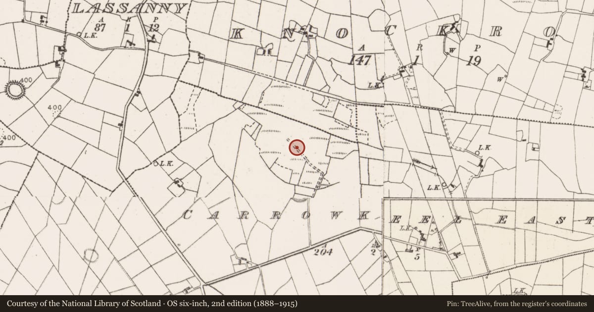 Ordnance Survey six-inch map, 2nd edition (1888–1915) covering the location of Road - road/trackway, Carrowkeel East, County Mayo, with a pin at the register's coordinates