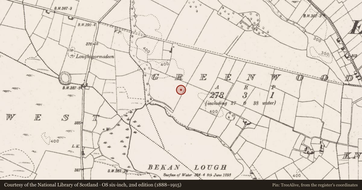 Ordnance Survey six-inch map, 2nd edition (1888–1915) covering the location of Enclosure, Greenwood, County Mayo, with a pin at the register's coordinates
