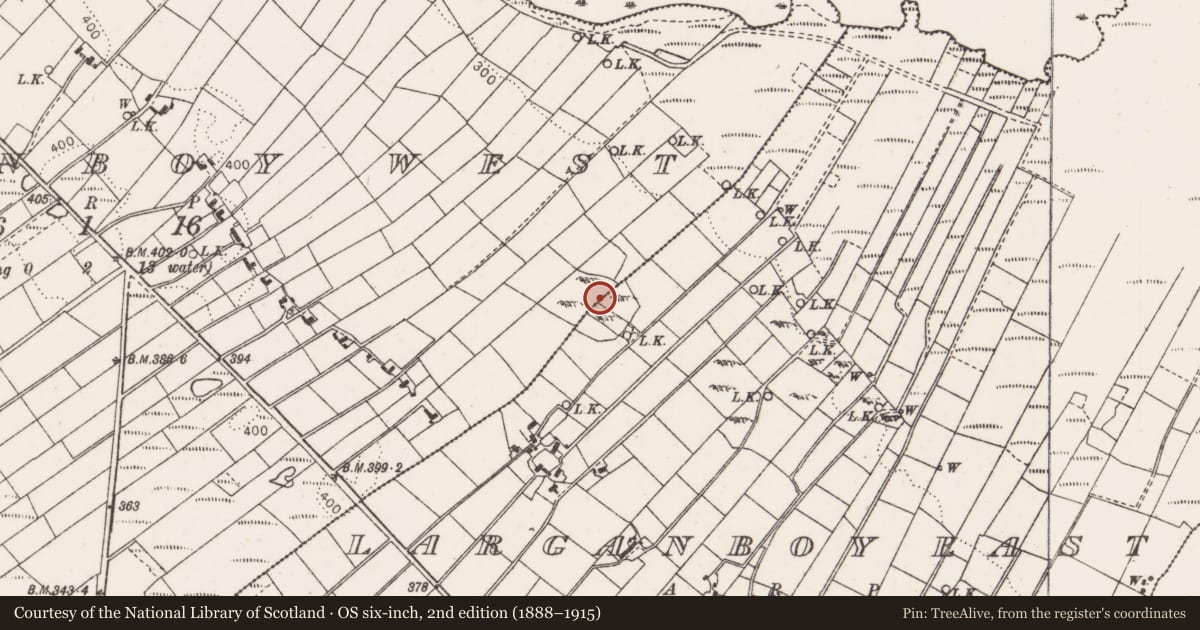 Ordnance Survey six-inch map, 2nd edition (1888–1915) covering the location of Ringfort - cashel, Larganboy East, Larganboy West, County Mayo, with a pin at the register's coordinates