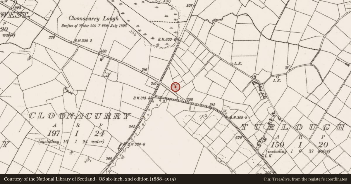 Ordnance Survey six-inch map, 2nd edition (1888–1915) covering the location of Fulacht fia, Turlough, County Mayo, with a pin at the register's coordinates