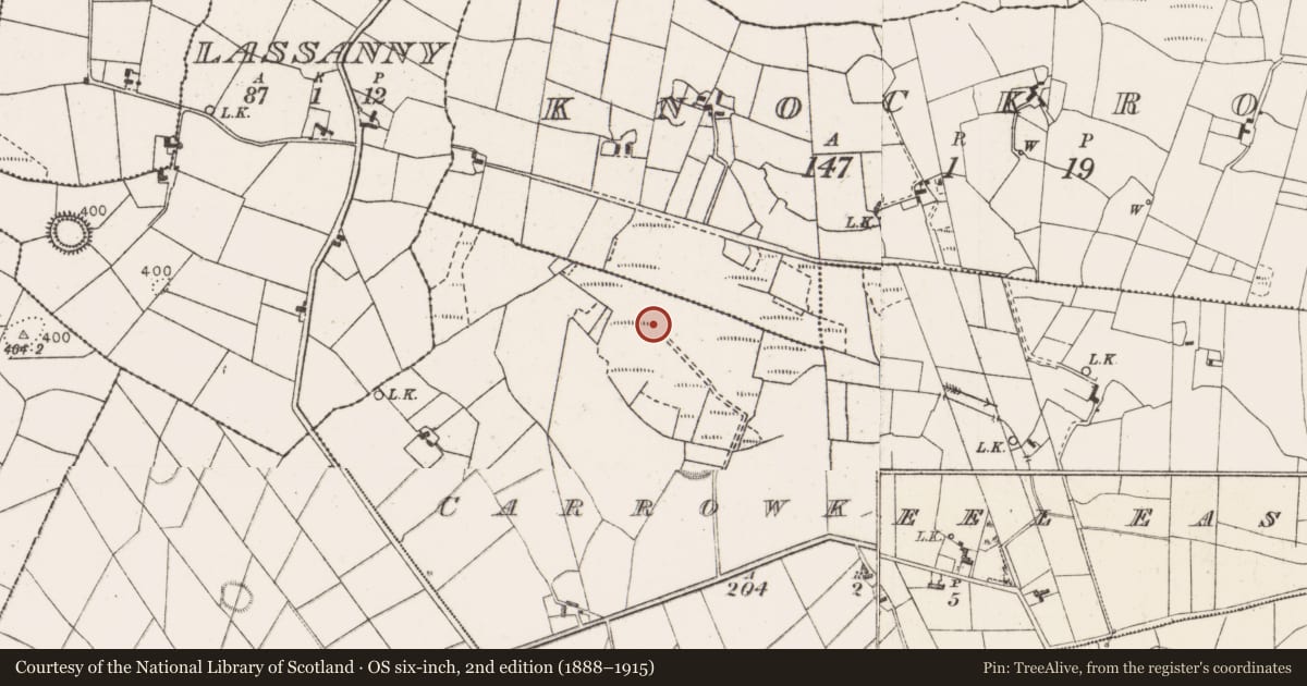 Ordnance Survey six-inch map, 2nd edition (1888–1915) covering the location of Fulacht fia, Carrowkeel East, County Mayo, with a pin at the register's coordinates