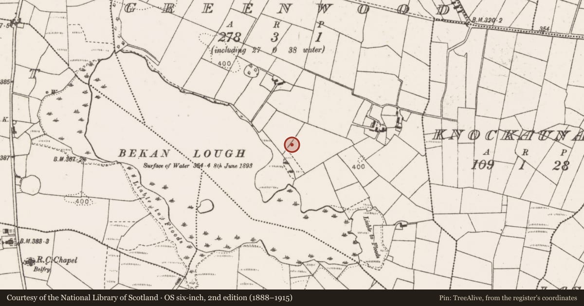 Ordnance Survey six-inch map, 2nd edition (1888–1915) covering the location of Burnt mound, Greenwood, County Mayo, with a pin at the register's coordinates