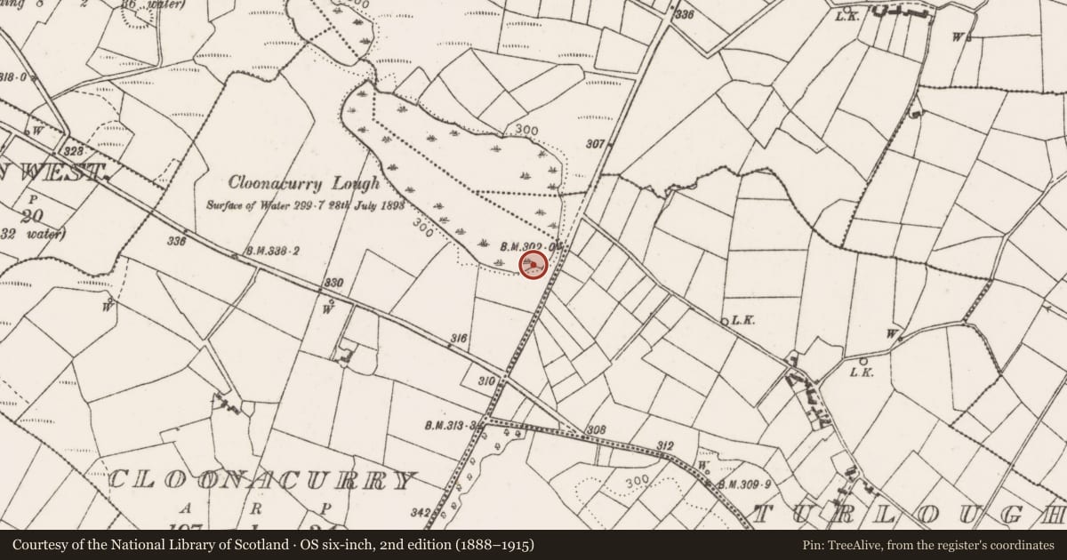 Ordnance Survey six-inch map, 2nd edition (1888–1915) covering the location of Burnt mound, Cloonacurry, County Mayo, with a pin at the register's coordinates