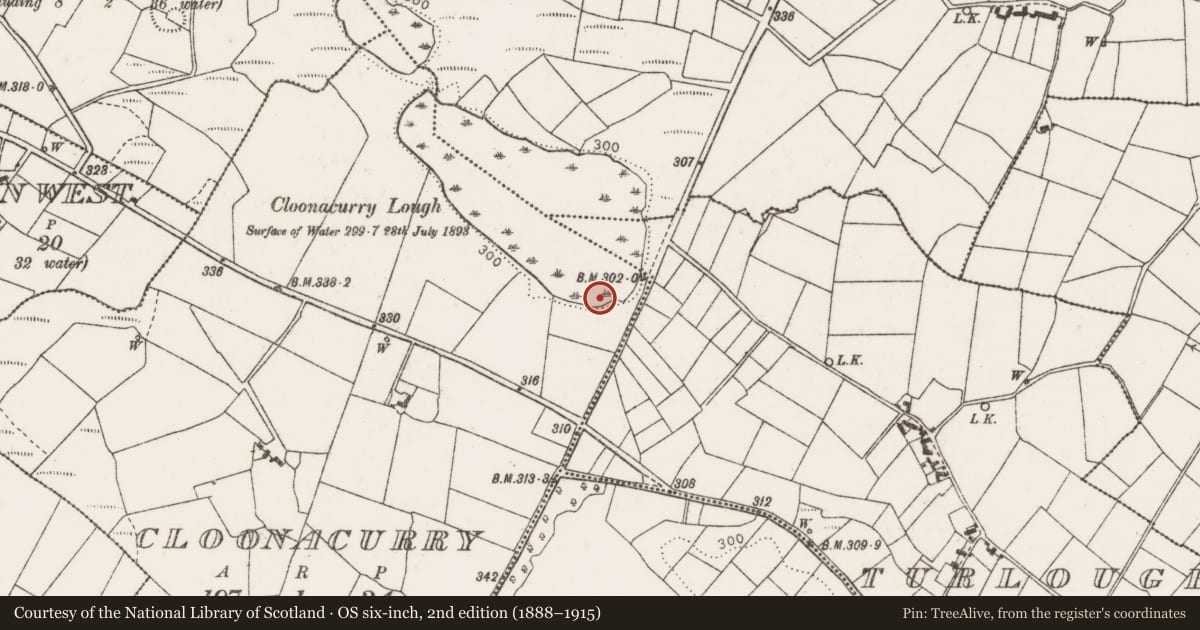 Ordnance Survey six-inch map, 2nd edition (1888–1915) covering the location of Anomalous stone group, Cloonacurry, County Mayo, with a pin at the register's coordinates
