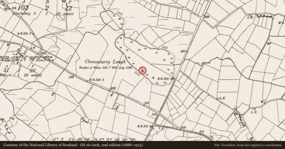 Ordnance Survey six-inch map, 2nd edition (1888–1915) covering the location of Burnt mound, Cloonacurry, County Mayo, with a pin at the register's coordinates