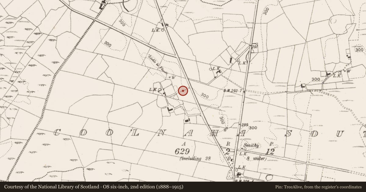 Ordnance Survey six-inch map, 2nd edition (1888–1915) covering the location of Road - road/trackway, Coolnaha South, County Mayo, with a pin at the register's coordinates