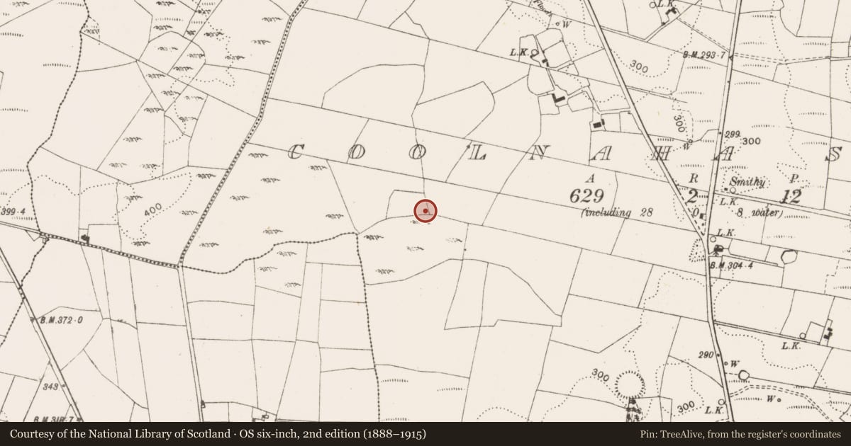Ordnance Survey six-inch map, 2nd edition (1888–1915) covering the location of Enclosure, Coolnaha South, County Mayo, with a pin at the register's coordinates