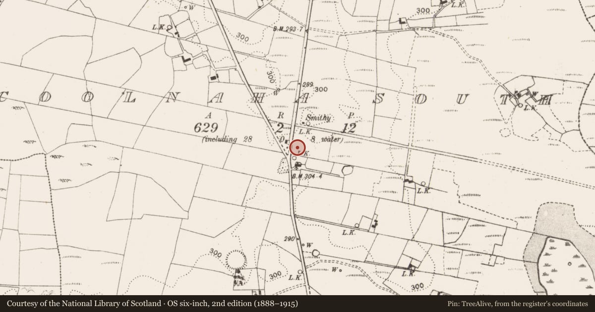 Ordnance Survey six-inch map, 2nd edition (1888–1915) covering the location of Barrow - embanked barrow, Coolnaha South, County Mayo, with a pin at the register's coordinates