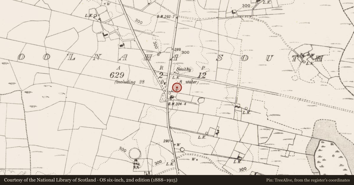 Ordnance Survey six-inch map, 2nd edition (1888–1915) covering the location of Mound, Coolnaha South, County Mayo, with a pin at the register's coordinates