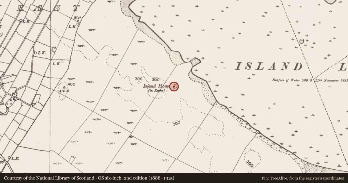 Ordnance Survey six-inch map, 2nd edition (1888–1915) covering the location of House - fortified house, Island, County Mayo, with a pin at the register's coordinates