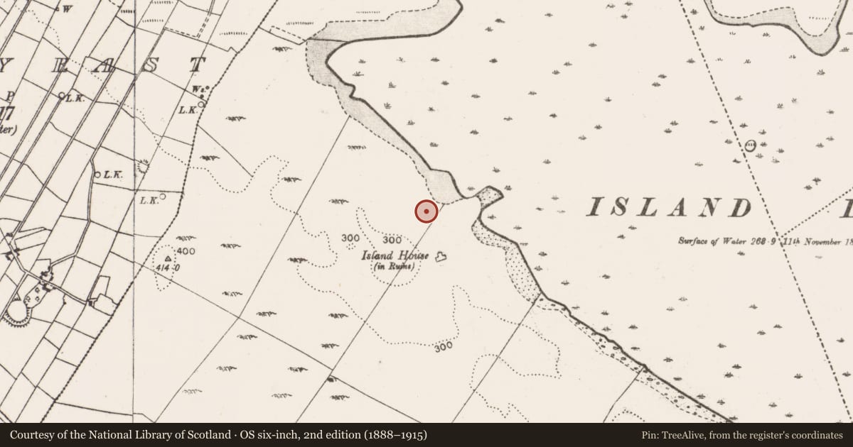 Ordnance Survey six-inch map, 2nd edition (1888–1915) covering the location of Moated site, Island, County Mayo, with a pin at the register's coordinates